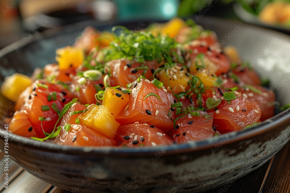 Exquisite salmon poke bowl with ripe mango cubes, garnished with sesame seeds and fresh herbs, presented in a rustic bowl Exquisite salmon poke bowl with ripe mango cubes, garnished with sesame seeds and fresh herbs, presented in a rustic bowl