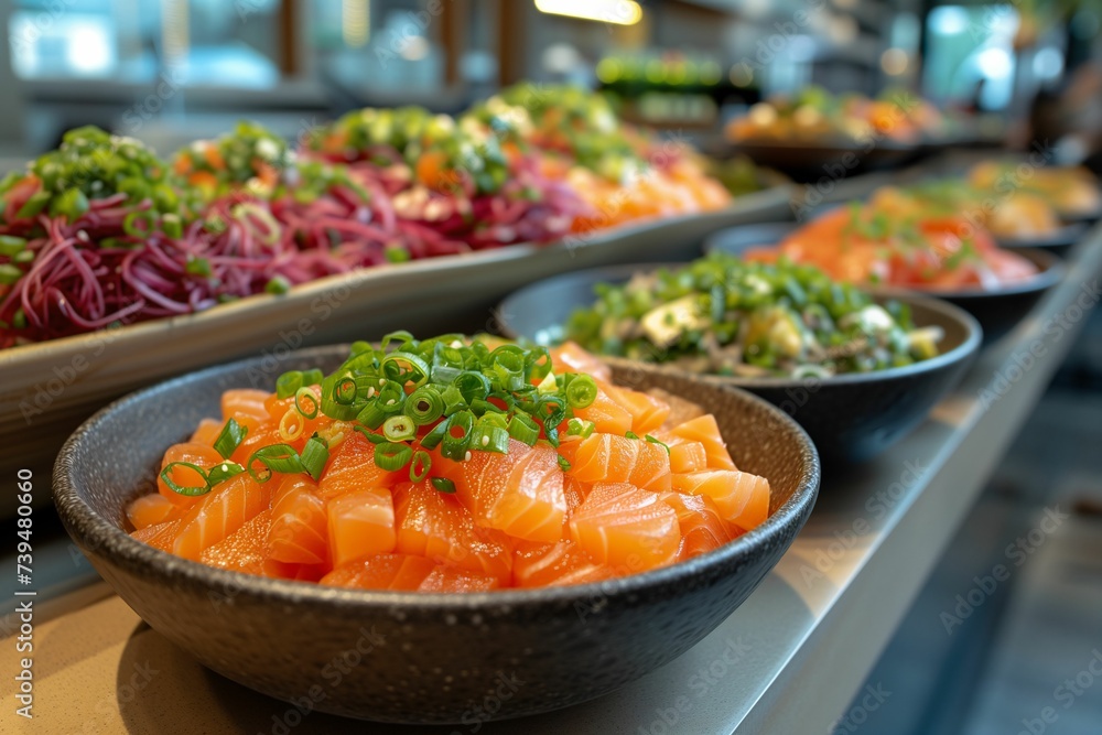 Fresh Salmon Sashimi Bowls Garnished with Green Onions on a Buffet Line Fresh Salmon Sashimi Bowls Garnished with Green Onions on a Buffet Line