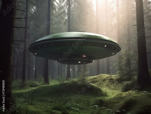 Extraterrestrial saucer, spaceship, or UFO in the woods. Science fiction. AI generative. photo