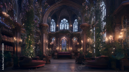 AI generated image of an ornate magical library with fairy lights  ornamental plants and gothic arches