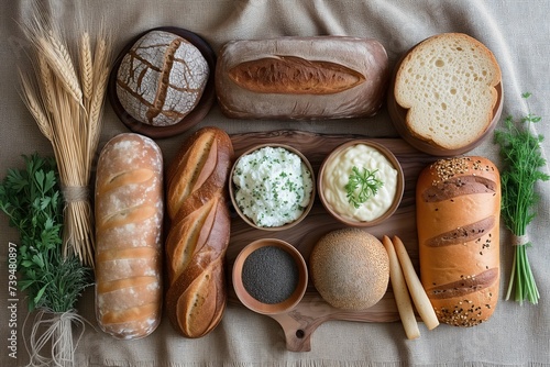 Artisan Bread Assortment with Dips and Herbs on a Textured Linen Tablecloth