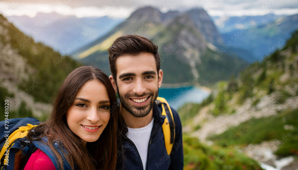 Loved up couple posing for a photo in the mountains with a blue lake. Loved up couple posing for a photo in the mountains with a blue lake.