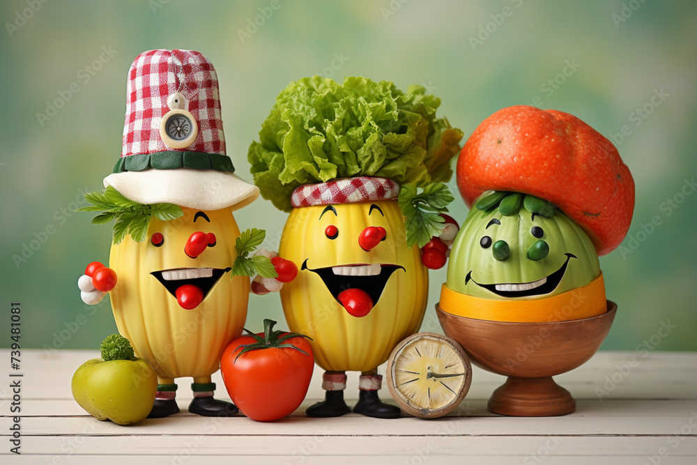 Obraz premium Composition of cartoon, anthropomorphic characters in the form of fruits and vegetables on a white background. Illustration for advertising companies, sales promotions, websites and catalogs.