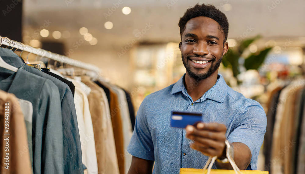 Young man using a credit card to pay in a clothes shop store Stock ...