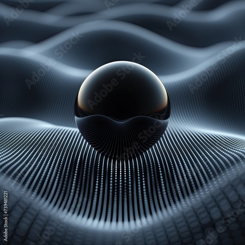 Esfera negra de cristal, sobre fondo ondulado, con diseño a rayas, blanco y negro, concepto espacial, diseño artístico, perla negra, reflejos modernos