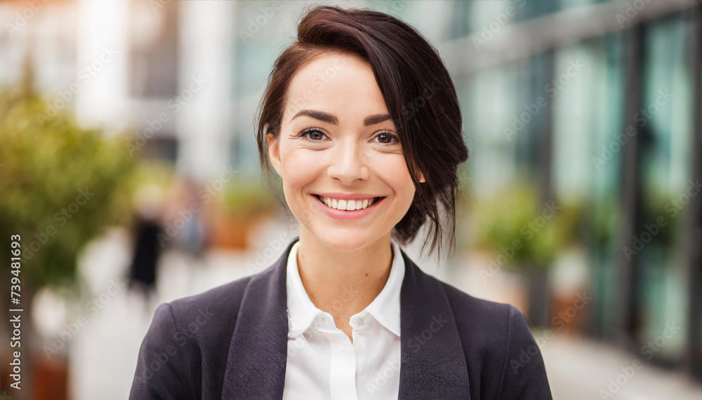 Smiling young business woman, close up portrait with blurred background of modern office Smiling young business woman, close up portrait with blurred background of modern office