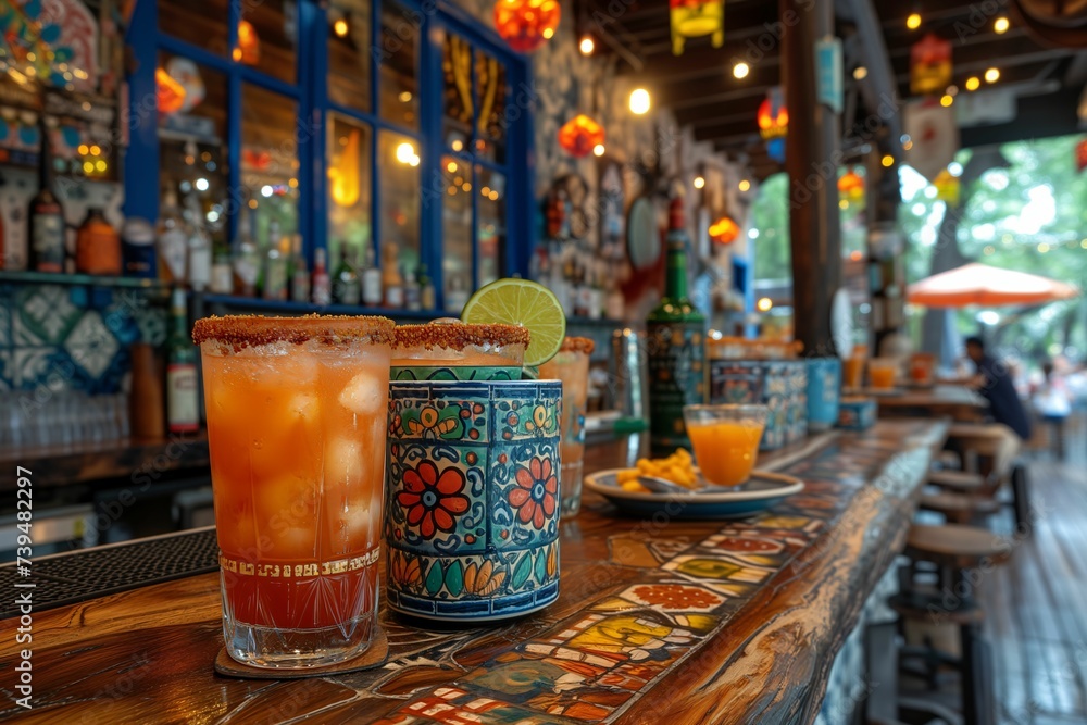 Vibrant Mexican Cantina Bar with Traditional Decor and Colorful Cocktails