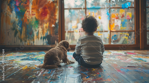 Boy and his dog looking at a wall full of children's doodles and paintings. Messy living room. Concept of children's creativity and mischief of kids and pets ,generative ai photo
