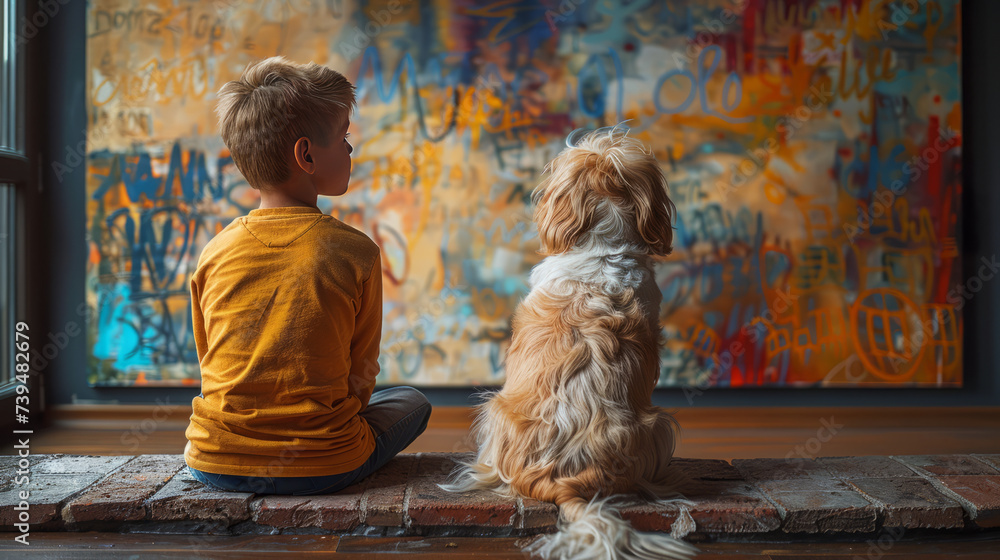 Fototapeta premium Boy and his dog looking at a wall full of children's doodles and paintings. Messy living room. Concept of children's creativity and mischief of kids and pets ,generative ai