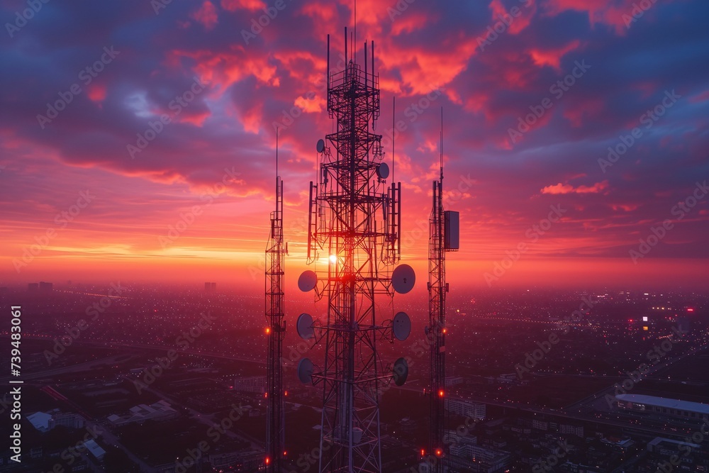 Radio tower silhouetted against a vibrant sunset sky, with city lights below. Urban Communication Tower at Sunset