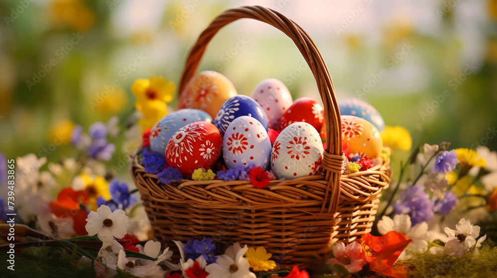 A vibrant basket overflowing with perfect colorful handmade Easter eggs