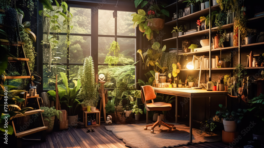 A cozy home workspace adorned with lush green plants, creating a serene and inspiring environment for productivity and creativity in the comfort of ones own home. - obrazy, fototapety, plakaty 