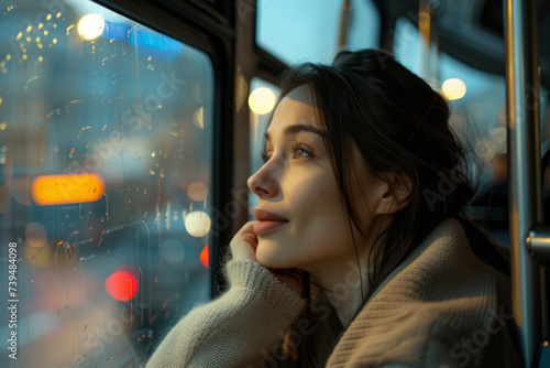 A girl looks out the window of a city bus on her way to work