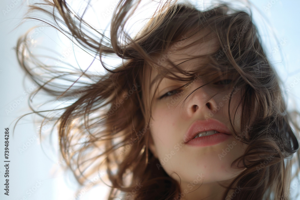 Portrait of a girl in motion with flying hair Portrait of a girl in motion with flying hair
