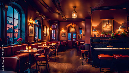 interior of a romantic jazz cafe in an old style with evening lighting and a fireplace  view of the evening street from a cafe in the city 