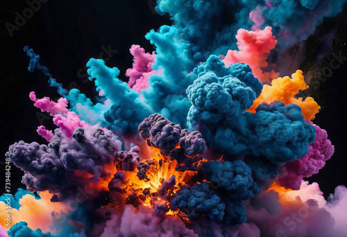 explosion of colorful powder and smoke colliding with each other on a blank black background, celebrating the Indian festival Holi,