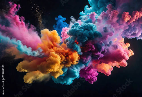explosion of colorful powder and smoke colliding with each other on a blank black background, celebrating the Indian festival Holi, photo