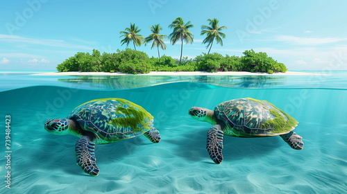 Two sea turtles swimming near a tropical island, reflecting the beauty of marine life. © weerasak