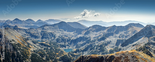 Panoramic view of the Banderishki lakes: Frog , Long  and Fish from Mt. Vihren summit. Pirin mountains in autumn sunny day. photo