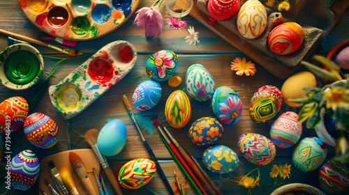 Vibrant Easter egg designs arranged neatly on a kitchen table