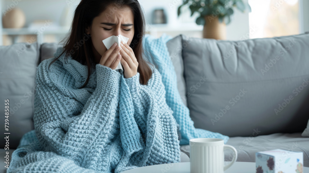 young woman wrapped in a blue knitted blanket, blowing her nose with a tissue and holding a white mug, looking unwell as if she has a cold or flu. young woman wrapped in a blue knitted blanket, blowing her nose with a tissue and holding a white mug, looking unwell as if she has a cold or flu.