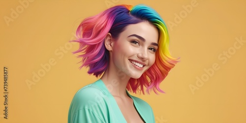 A woman with colorful rainbow hair is happily smiling while wearing a green sweater, showcasing a bright and joyful gesture with her vibrant wig