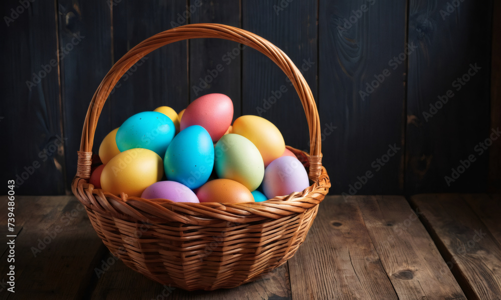 Naklejka premium large wicker basket full filled with variety of colorful Easter eggs. The basket placed on rustic wooden table. Concept of Pascha or Resurrection Sunday, Christian festival and cultural holiday