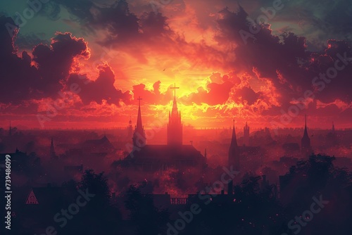Serene Sunset Ash Wednesday Background with Church Steeples