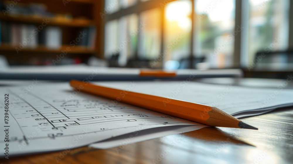 Lead pencil on white paper, drafting details on a desk. Lead pencil on white paper, drafting details on a desk.