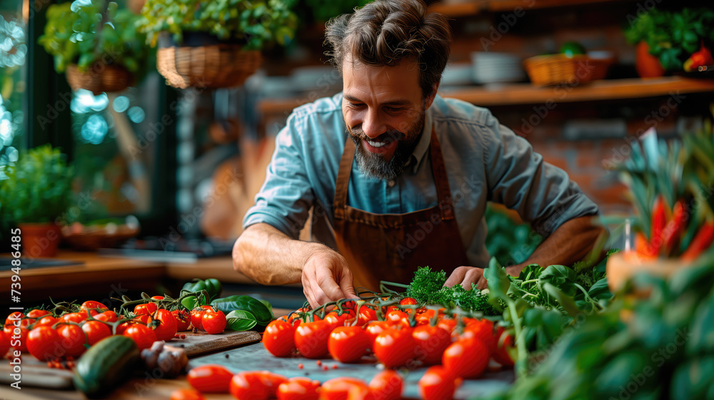 A joyful gardener arranges a variety of fresh tomatoes on a table in a lush greenhouse. A joyful gardener arranges a variety of fresh tomatoes on a table in a lush greenhouse.