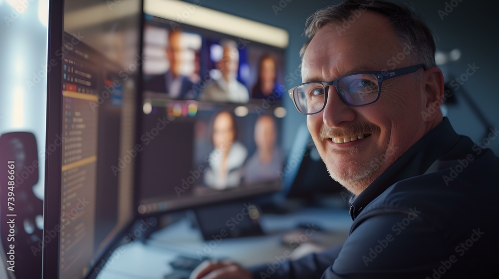 Smiling professional working late at tech-filled office. focused expert in front of multiple screens. modern workspace ambiance. AI Smiling professional working late at tech-filled office. focused expert in front of multiple screens. modern workspace ambiance. AI
