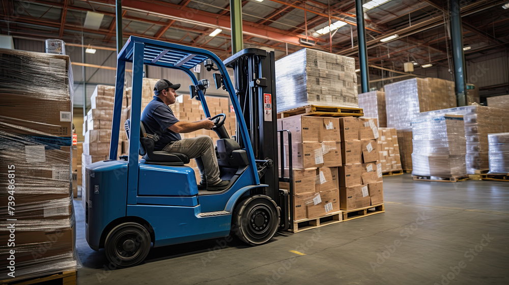Man operating a forklift in a warehouse background