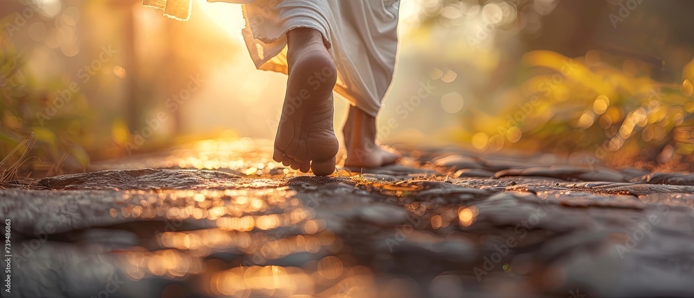 Close-Up of Jesus Walking on the Road