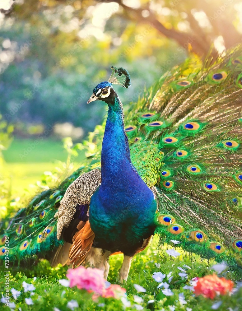 Obraz premium peacock with feathers out in the garden