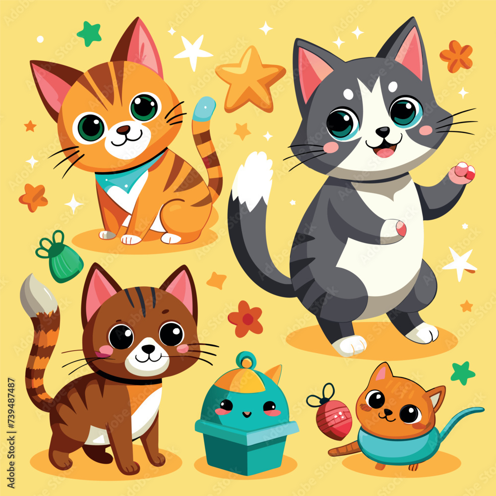 A group of cartoon cats story set poses in Vector 