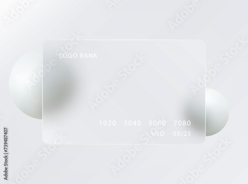 Glass morphism landing page. Transparent credit card template with white spheres.