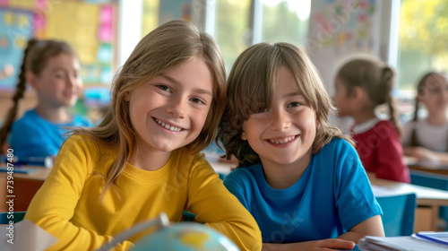 two children in a classroom setting  smiling at the camera  with other students and educational activities in the background.