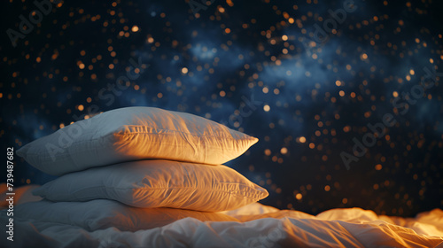 White pillows and a blanket on the background of the night starry sky  day sleep