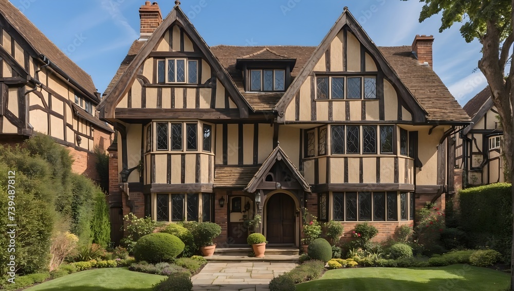 A Tudor-style home with timbered facade, leaded windows, and English garden. generative AI