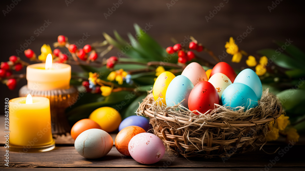 Obraz premium Colorful Easter eggs in a basket with flowers on wooden background. Greeting card on an Easter theme. Happy Easter concept.