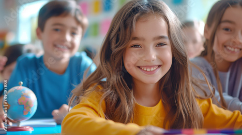 two children in a classroom setting  smiling at the camera  with other students and educational activities in the background.