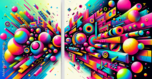 Vibrant neon mix of geometric shapes exploding banner wallpaper background