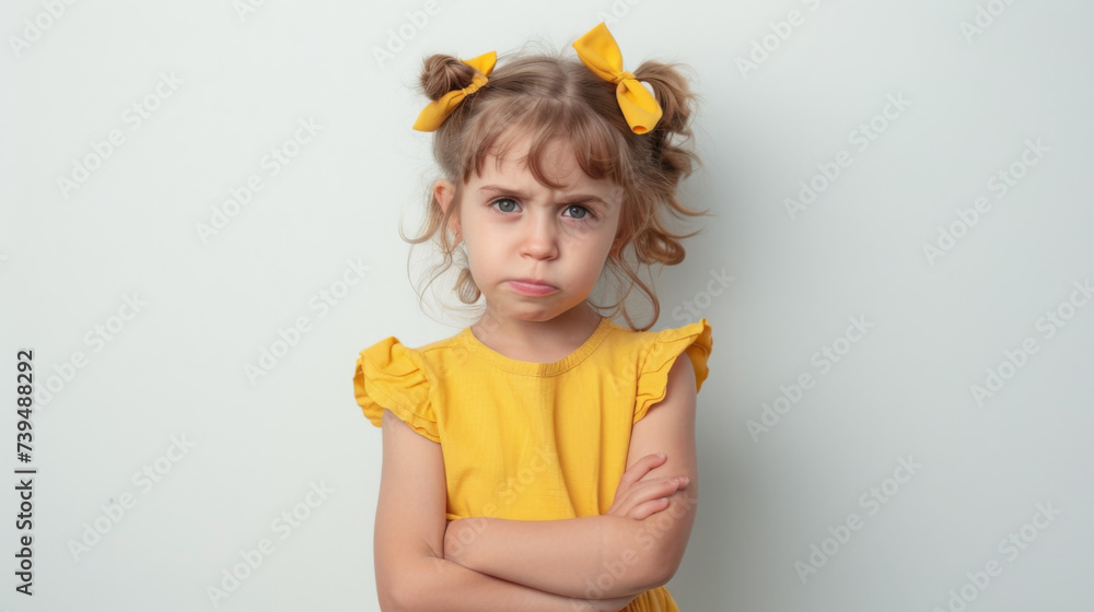 A young girl in a bright yellow dress with matching bows stands with her arms crossed, exhibiting a strong expression of displeasure and determination. A young girl in a bright yellow dress with matching bows stands with her arms crossed, exhibiting a strong expression of displeasure and determination.