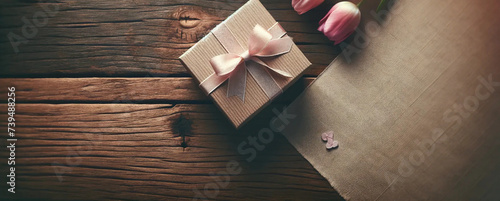A banner featuring a rustic wooden tabletop with small gift box and tulips © ChristacilinCreative