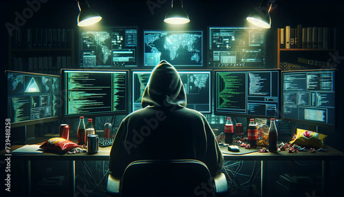 A hacker as seen from the back, sitting in front of computer monitors displaying various types of data photo
