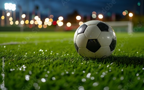 A soccer ball sits atop a vibrant green soccer field  ready for the game to begin. The field is well-maintained  providing a perfect surface for players to compete.