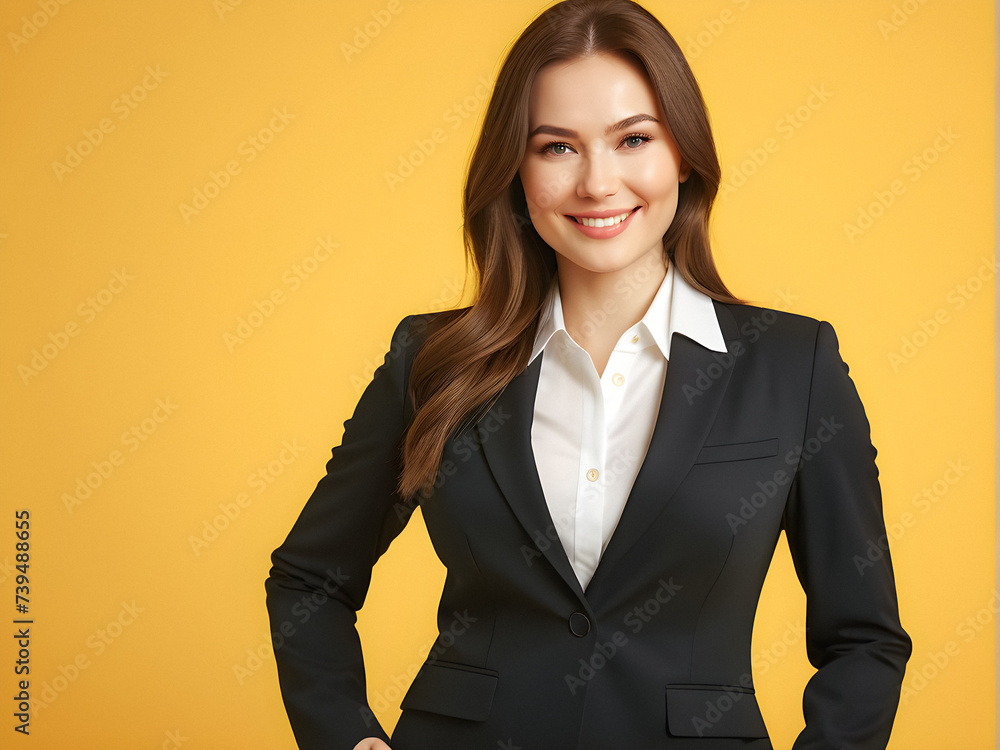 Radiating Confidence: Smiling Woman, 30, in Business Suit Embracing Self-Confidence on Yellow Background. generative AI Radiating Confidence: Smiling Woman, 30, in Business Suit Embracing Self-Confidence on Yellow Background. generative AI