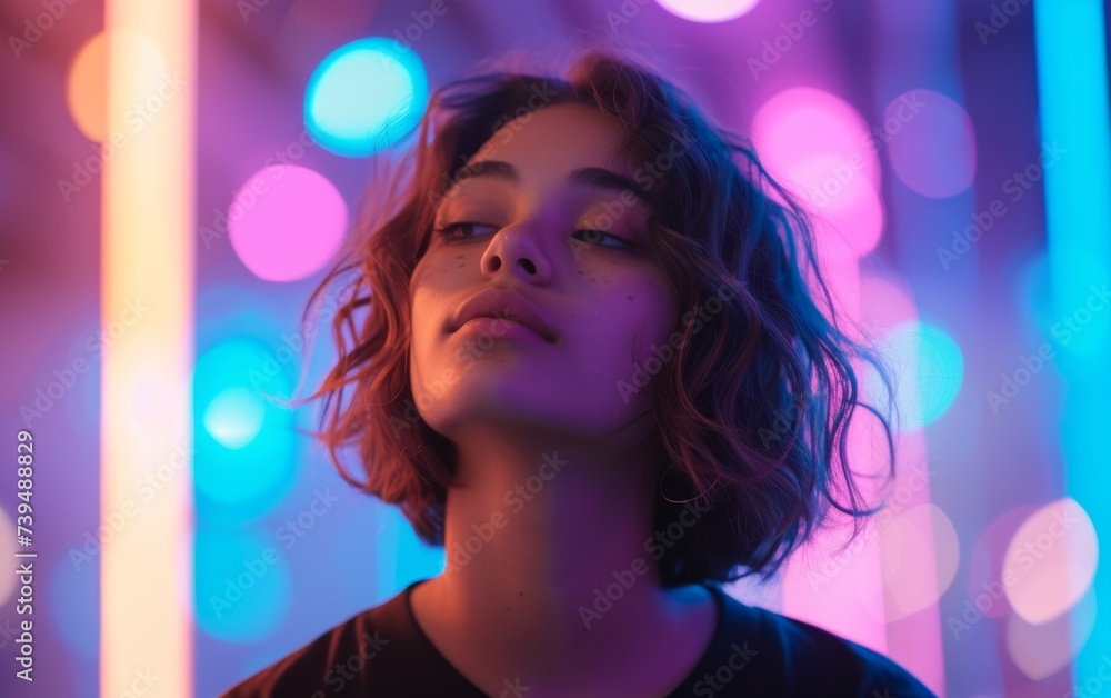 depicting a multiracial woman with her eyes closed, standing in front of vibrant and colorful lights. The woman appears serene as she takes in the colorful display surrounding her. depicting a multiracial woman with her eyes closed, standing in front of vibrant and colorful lights. The woman appears serene as she takes in the colorful display surrounding her.