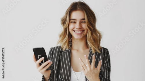 A smiling woman holding a smartphone gives a thumbs-up gesture with one hand while looking at the camera.
