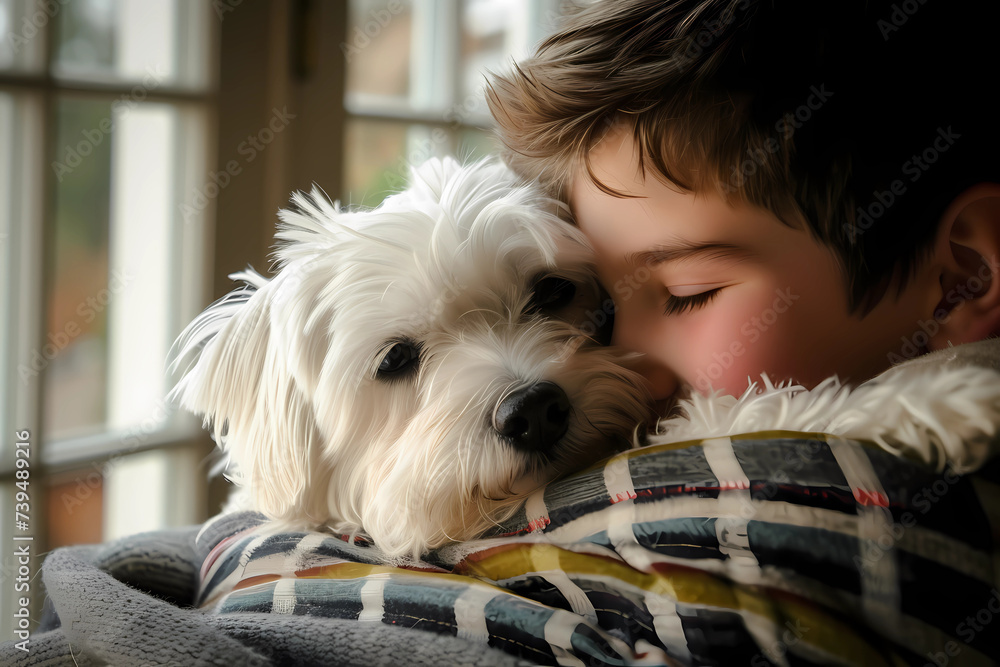 A young boy embraces his Maltese dog in a heartwarming display of genuine affection, encapsulating the profound bond of companionship and love shared between them A young boy embraces his Maltese dog in a heartwarming display of genuine affection, encapsulating the profound bond of companionship and love shared between them